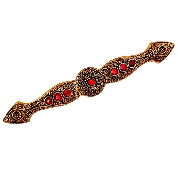 Vintage Gold Tone Bar Brooch Red Stones C Clasp Edwardian Victorian Revival - Picture 1 of 9